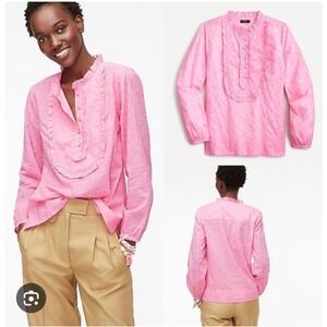 J.Crew Pink Eyelet Bib Top Ruffle Trim Long Sleeve Cotton Blouse Womens